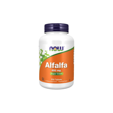 A white bottle of Now Foods Alfalfa 650 mg dietary supplement, containing 250 tablets. The label is orange and green with the text